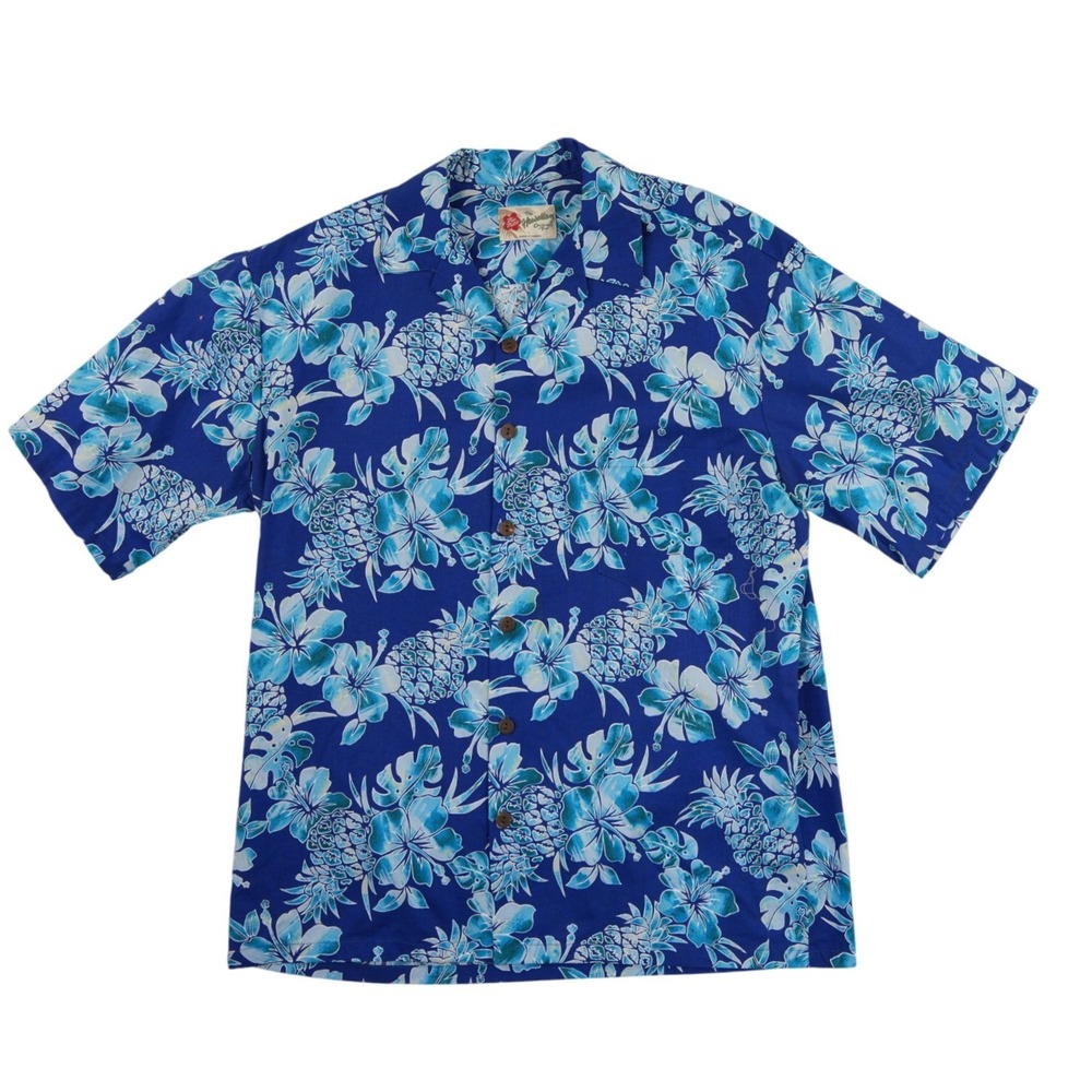 Hilo Hattie Shirt Mens Size Large Blue Pineapple Floral Hawaiian Shirt Vintage